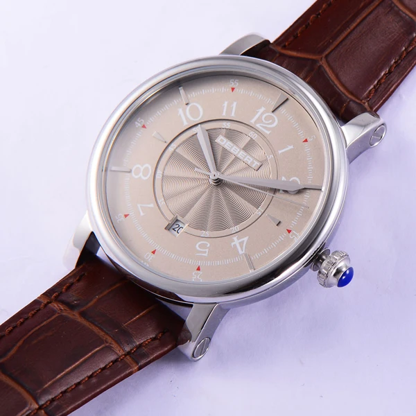 Модные Классические мужские механические часы с серым циферблатом и коричневым