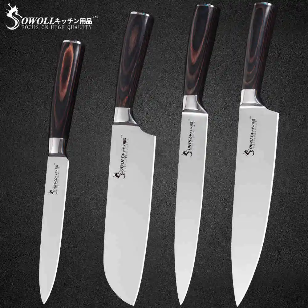 C.4PCS SET Sowoll 6 шт. Нержавеющая сталь Кухня Ножи высокого углеродный острый нож лазерный нож шеф-повара нарезки Santoku универсальный нож для очистки овощей Ножи - Цвет: C.4PCS SET