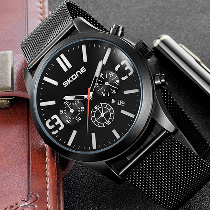 SKONE Марка Для мужчин часы простое платье кварцевые Мужчин стальной сетки ремешок