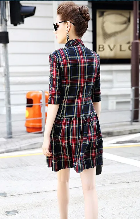 2016 Осенняя модная клетчатая плиссированная приталенная рубашка с воротником