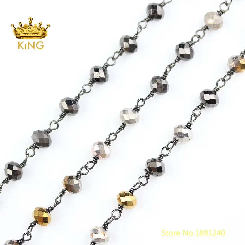 

5meters Gold/Brown/Black/Silver Titanium Glass Beaded Chains,Gunmetal Plated Copper 4x6mm Faceted Rondelle Glass Chain ZJ244