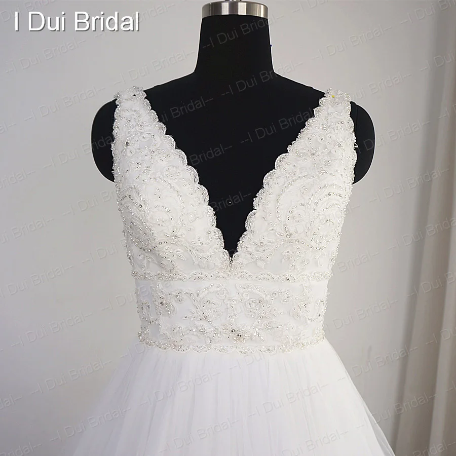 V Neck Lace Beaded Wedding Dress Big A Line Empire High Quality Sequin Lace Bridal Gown
