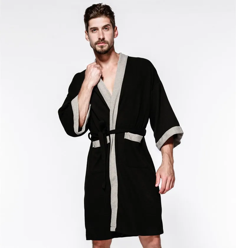 Хит продаж мужской Вафельный Халат одноцветная Пижама халат на шнуровке теплая