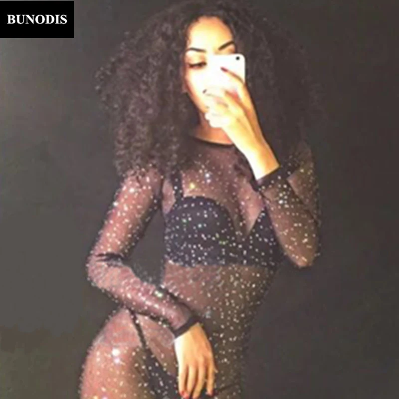 ZD035 Black Sexy Net Bodysuit Long sleeve Nightclub DJ DS Singers Jumpsuit Sparkling Crystals Bodysuit Bling Women Sexy Outfit