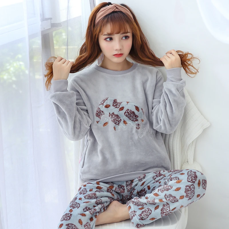 Autumn Winter Women Flannel Long Sleeve Pyjamas Sets Thick Warm Coral Velvet Pajamas Suit Female Cartoon Gray Elephant Sleepwear | Женская
