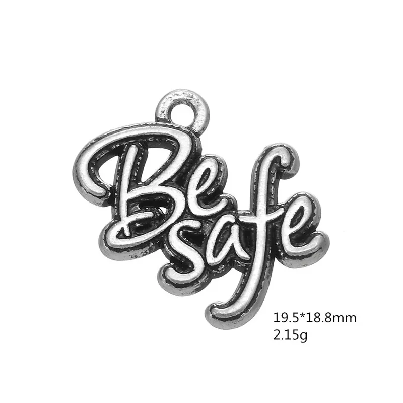 

Teamer 10pcs/lot Vintage Antique Silver Color Metal Engraved Letter Pendant Be Safe Message Accessories Charm for Jewelry Making