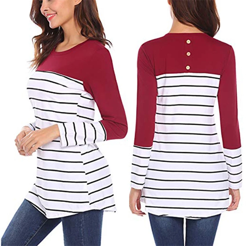 

Pregnant women breastfeeding Round neck stitching striped pregnant women's T-shirt Long sleeve women's T-shirt Breastfeeding top
