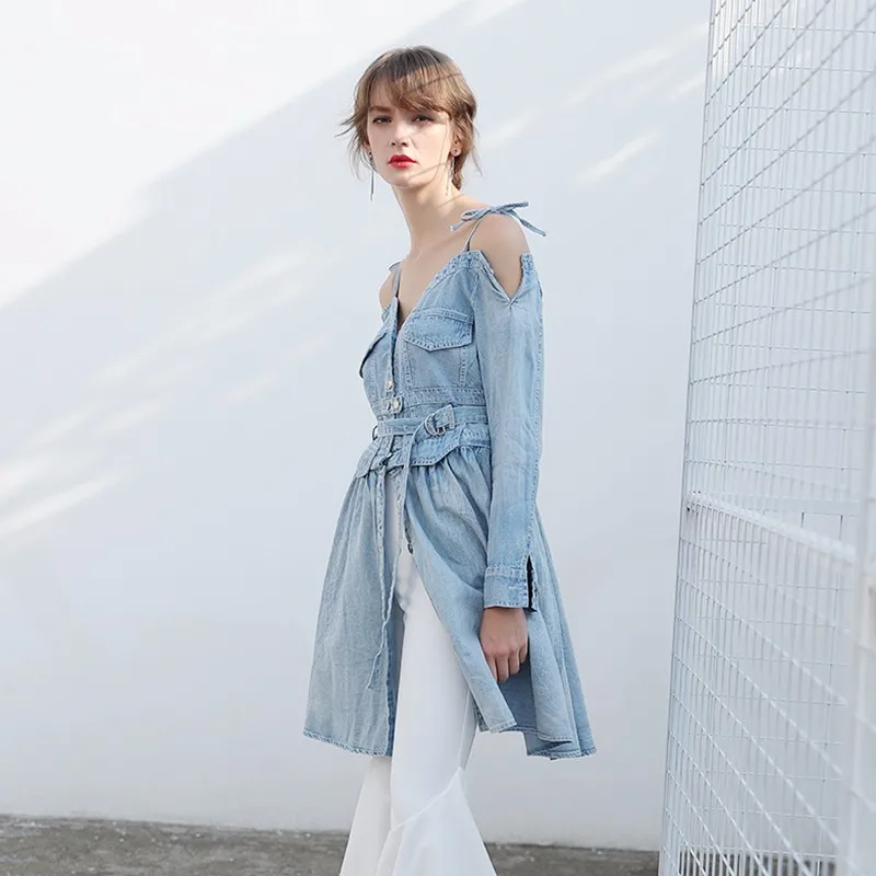 CHICEVER Сексуальная джинсовая с открытыми плечами платье женское длинным рукавом V