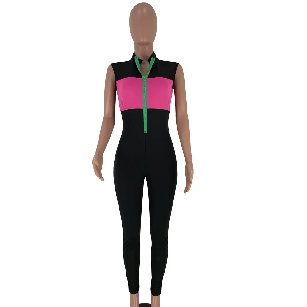 

Summer Black Sexy Streetwear Fashion Zipper Sleeveless O-Neck Skinny Bodysuits Women Jumpsuits Female Playsuits