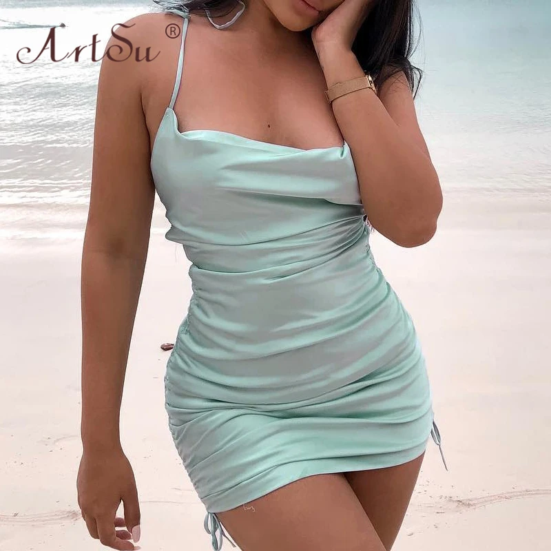 ArtSu летнее платье новое женское сексуальное шелковое атласное вечернее боковая