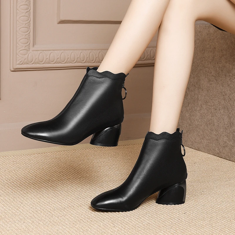 

WETKISS 2019 Spring New High Heels Women Ankle Boots Zip Square Toe Footwear Genuine Leather Female Boot Zip Shoes Woman New