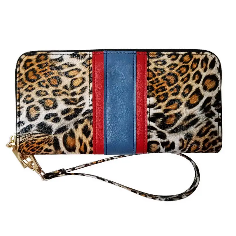 KANDRA Personalized Leopard Patchwork Long Wallet for Women with Removable Wristlet Strap Animal Print Zipper Purse Card Holder