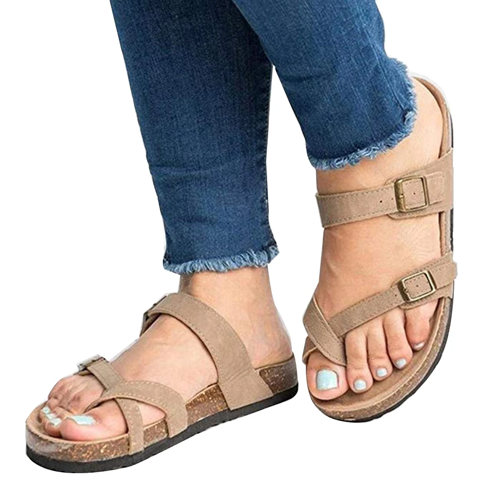 Бежевый Sandalias Mujer; коллекция года; женские летние пляжные сандалии на ремешке с пряжкой; шлепанцы на плоской подошве; женская пляжная обувь - Цвет: Бежевый