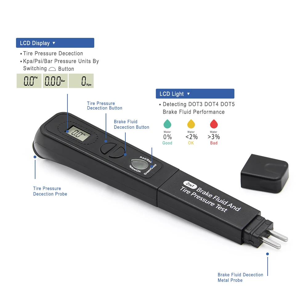 Авто тестер тормозной жидкости ручка с TPMS давление в шинах 2in1 проверьте DOT3/4/5 5LED