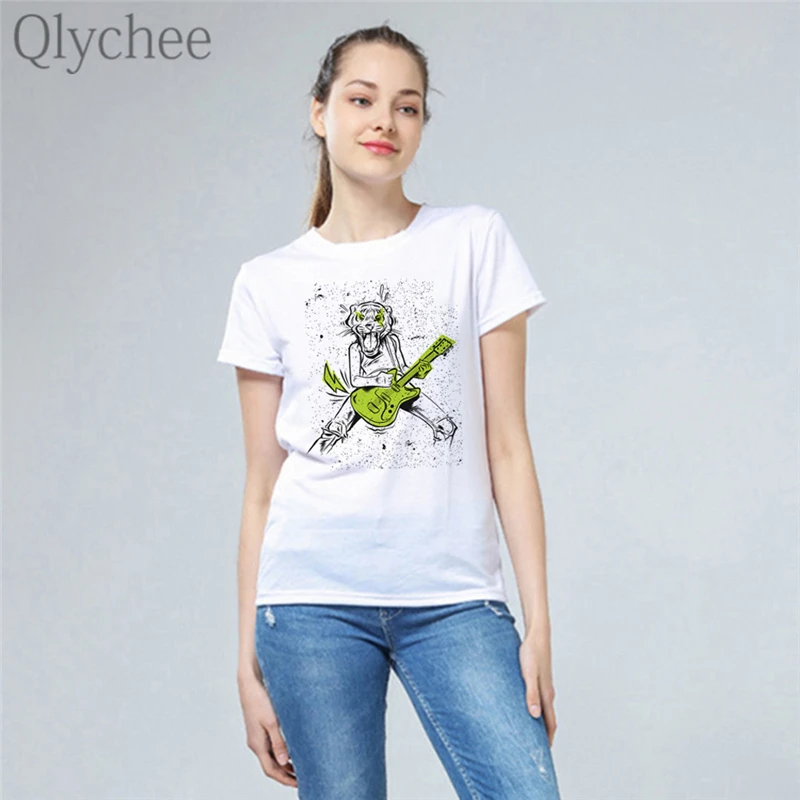 Qlychee Harajuku женская футболка с принтом животных из мультфильма гитара Тигр