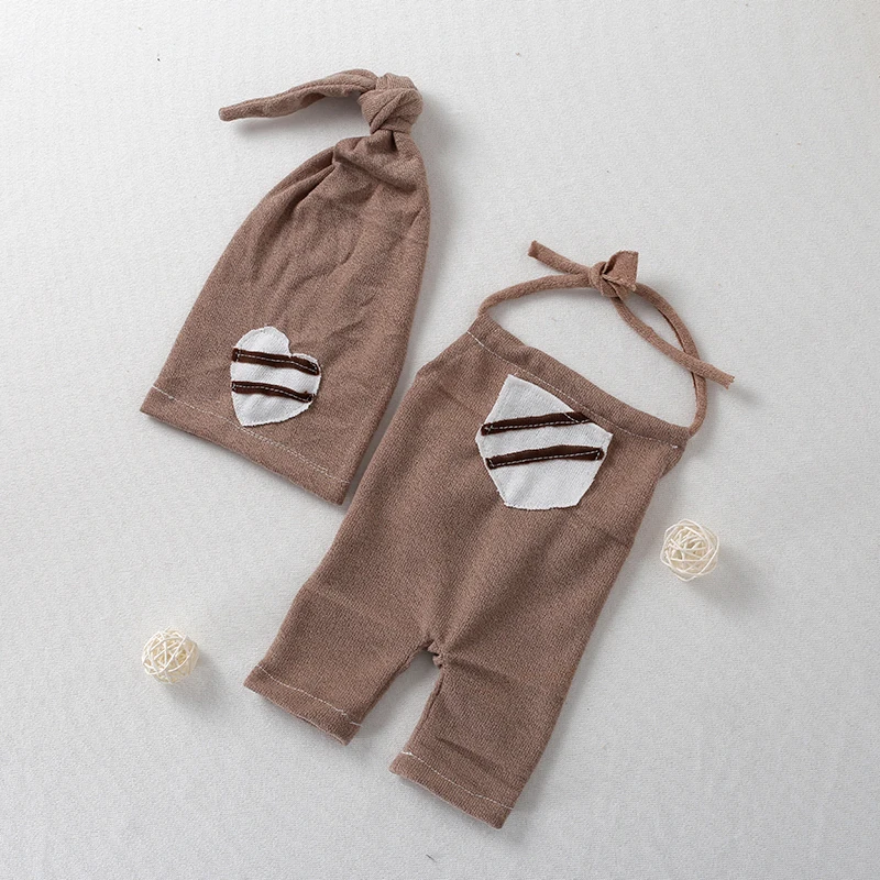 Newborn Boy Photography Outfit Sewn Baby Sleeping Hat Set Handmade Romper Photo Prop Clothes Infant Overalls |
