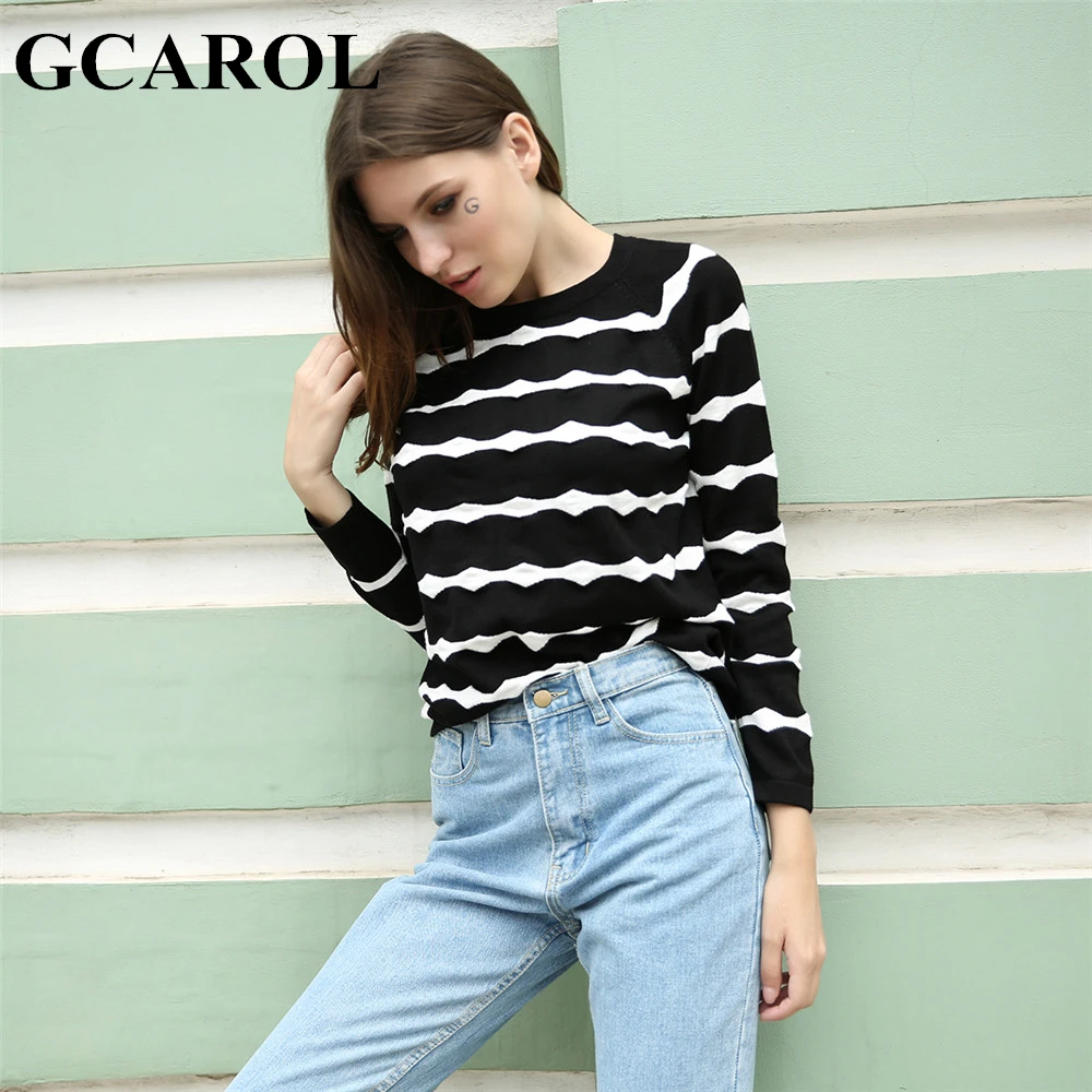 GCAROL Fall Winter New Wave White Striped Women Sweater High Quality Stretch Knitted Pullover Casual Basics Perfect Knit Tops | Женская