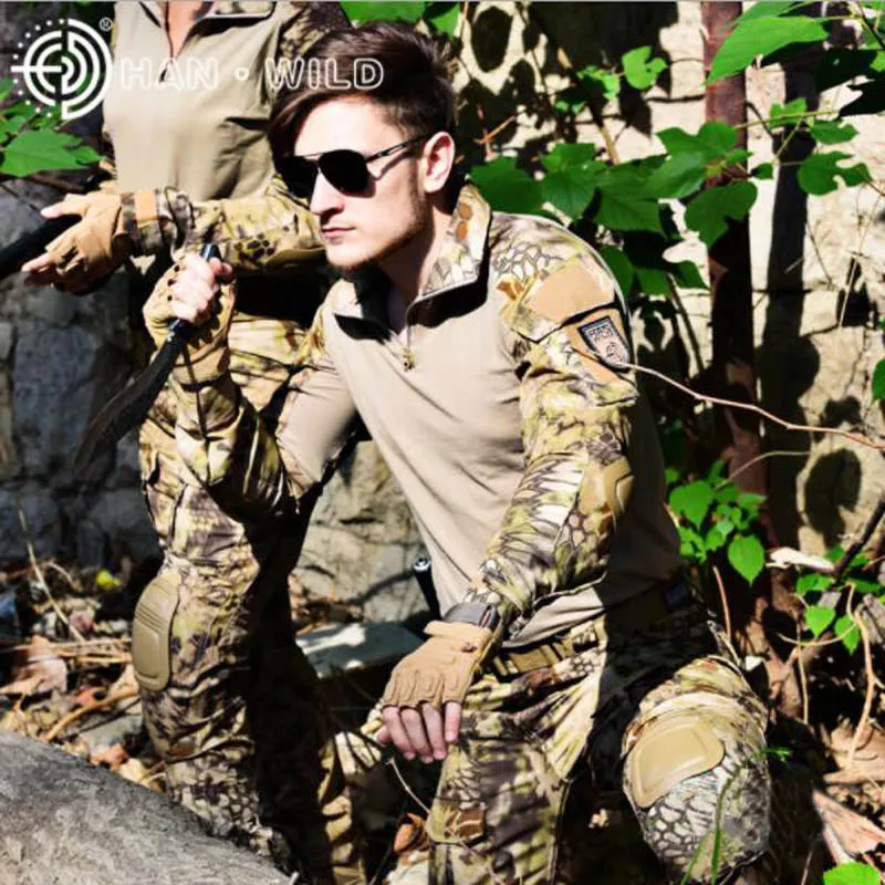 Desert Python Лесной камуфляж охотничья одежда тактический Набор лягушек военная форма боевой костюм страйкбол снайперская рубашка+ брюки наколенники - Цвет: Desert Python