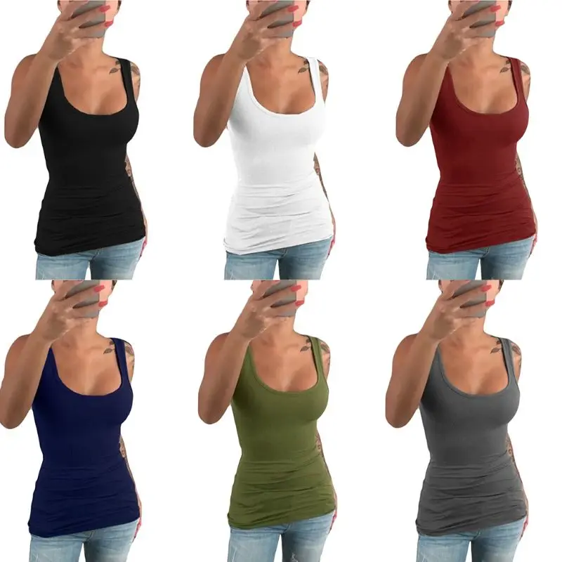 

Women Ladies Summer Casual Solid Elastic Cotton U Neck Tank Sleeveless Slim Vest Tops S-5XL