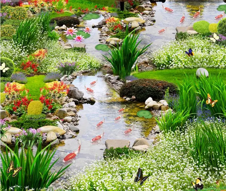 Обои пол современные пользовательские 3d полы цветы и Карп обои для гостиной Пол