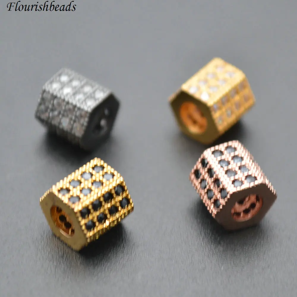 7x7 мм цилиндрические бусины с шестигранным покрытием из фианита металлические