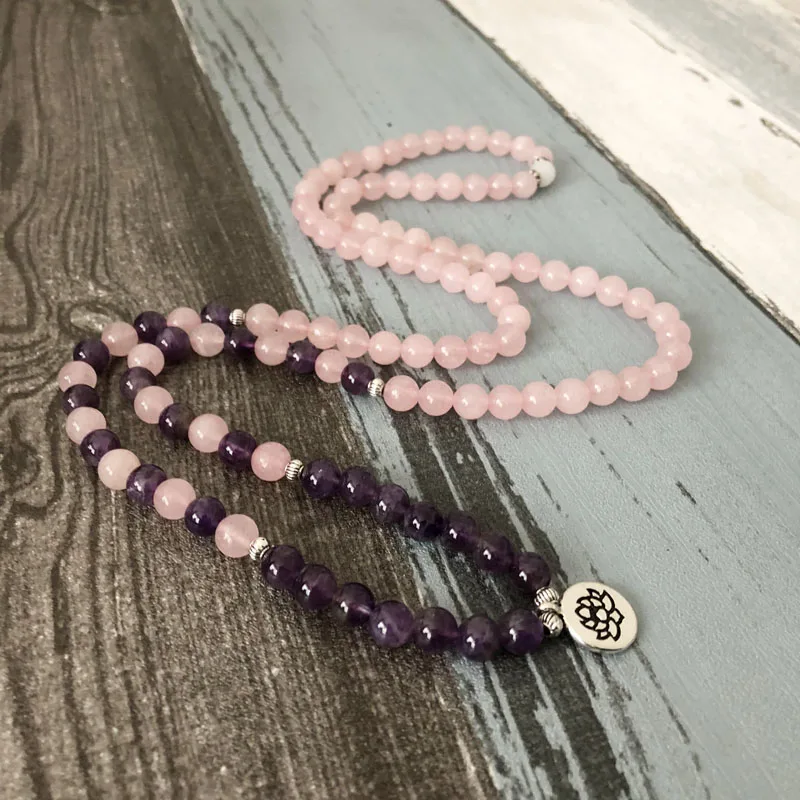 Женский браслет с розовым кварцем и аметистом розовый бусинами 108|bracelets for|pink