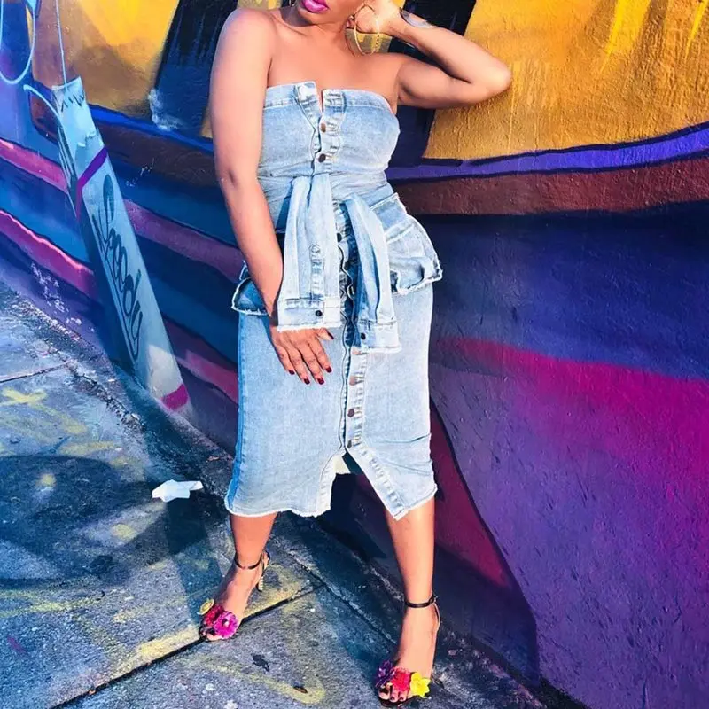 Летний сексуальный клуб панк без бретелек винтажный джинсовый синий женский