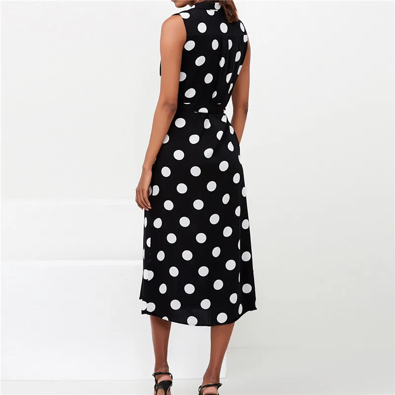 

New Elegant Chiffon Summer Dress 2019 Dot Print Sleeveless Office Ladies Dresses Sashes Beach Dress Vestido
