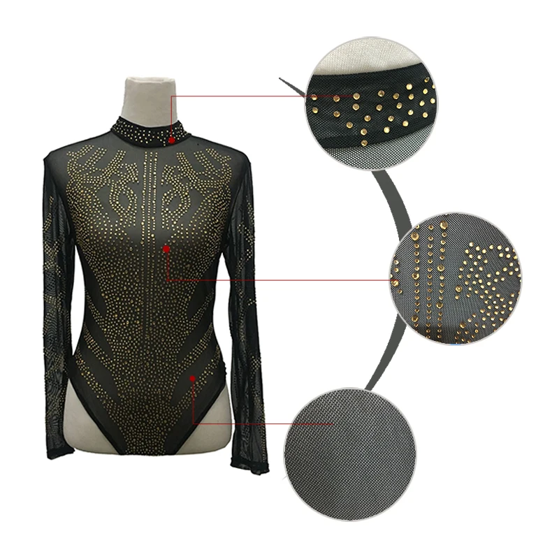 Женское Сетчатое боди с длинным рукавом SEBOWEL черный золотой цвет|women bodycon