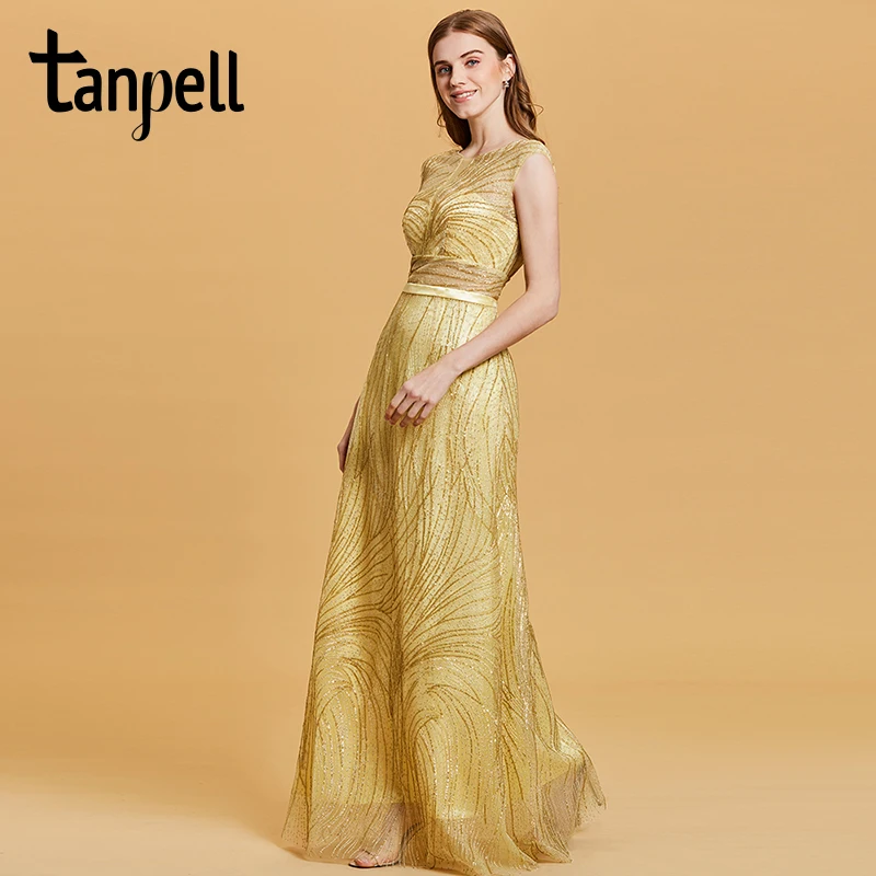 

Tanpell lace gilding evening dress daffodil sleeveless floor length a line gown women party formal long backless evening dresses