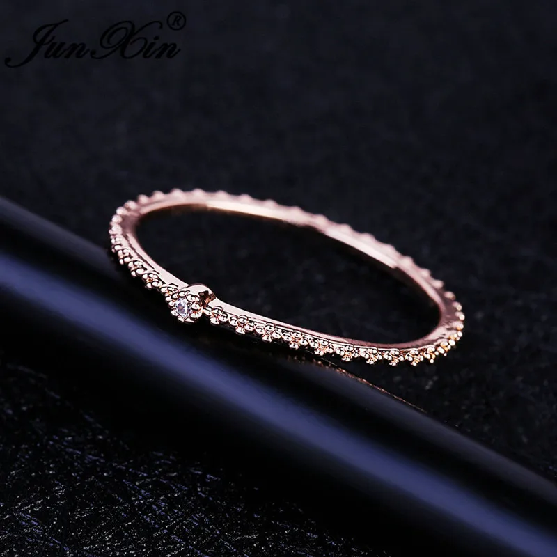 Rose Gold Ring JUNXIN стекируемые кольца вечности для женщин 925 серебро розовое золото заполненный маленький циркон белый кристалл минималистичные тонкие кольца женские CZ - Цвет основного камня: Rose Gold Ring
