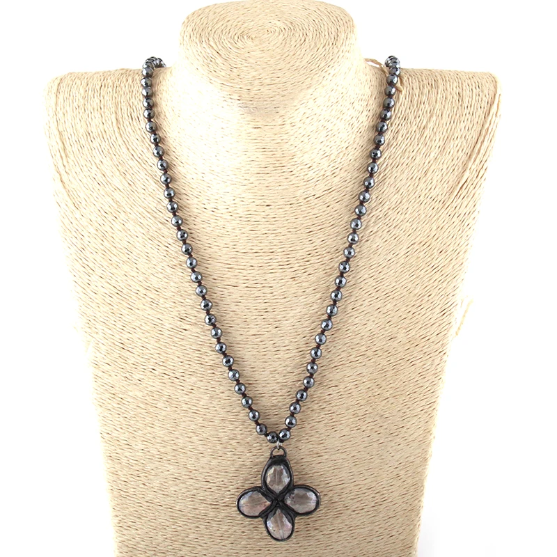 

MOODPC Fashion Bohemian Jewelry 6mm Faceted Hematite Knotted Glass Flower Necklaces For Women Ethnic Necklace