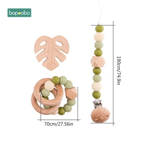 Leaf set Bopoobo 3Pc/Set Silicone Beads Baby Teether Necklace Round Wooden Beads Pendant For Nursing Pacifier Chain Clips Baby Products - Цвет: Leaf set