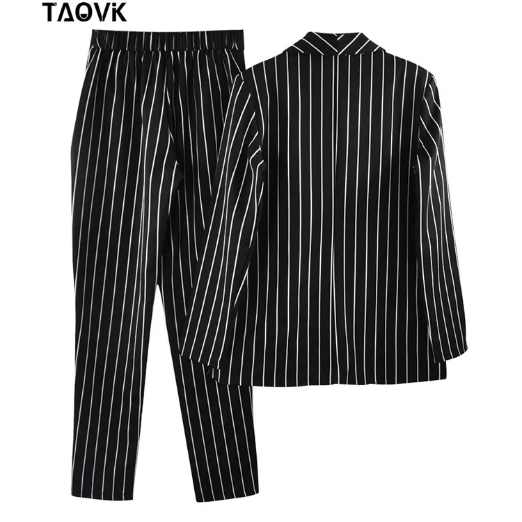 TAOVK, стильные штаны, костюмы, бледно-розовые, в полоску, весенние женские комплекты, без пуговиц, Блейзер, куртка, свободные штаны, комплект из 2 предметов, рабочая одежда