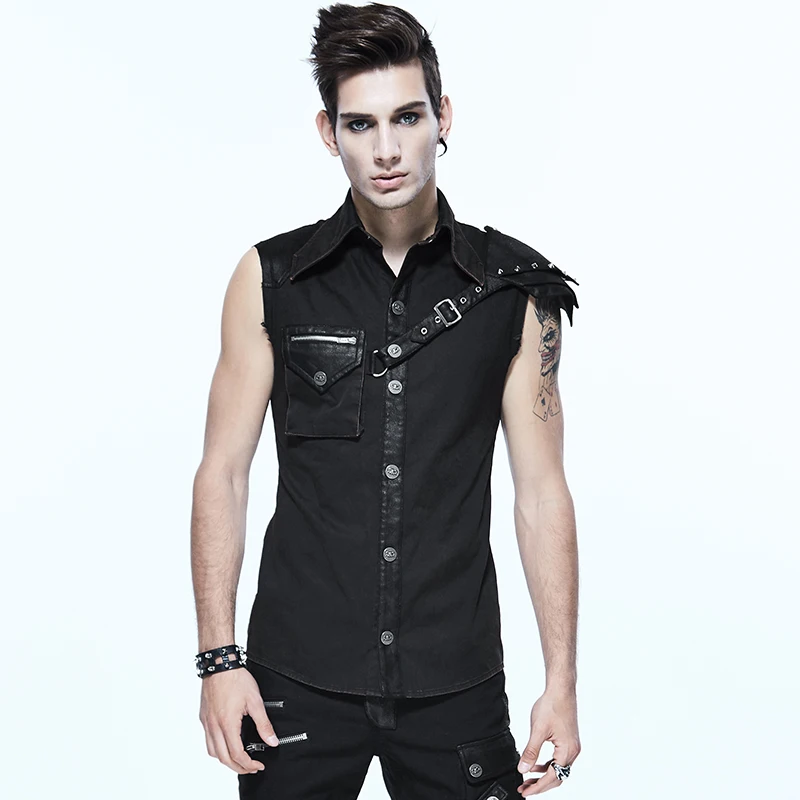 Steampunk Gothic Vintage Black Brown Turn-down Sleeveless Men Shirt Punk Casual Handsome Shirt Tops With Buttom