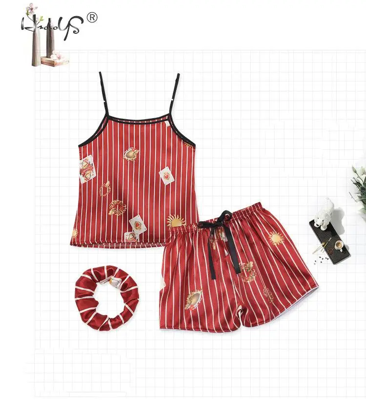 Stripe Printing Women's 7 Pieces Pajamas Sets Emulation Silk Satin Pajamas Women Sleepwear Sets Spring Summer Autumn Homewear