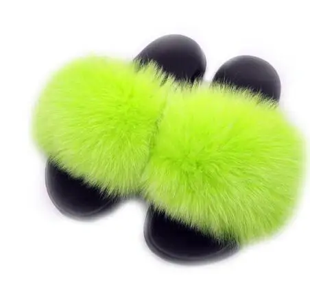 light green Женские меховые Тапочки большого размера; женские шлепанцы без задника с натуральным лисьим мехом; домашние сандалии с лисьим мехом; женские меховые тапочки; женская домашняя обувь на плоской подошве - Цвет: light green