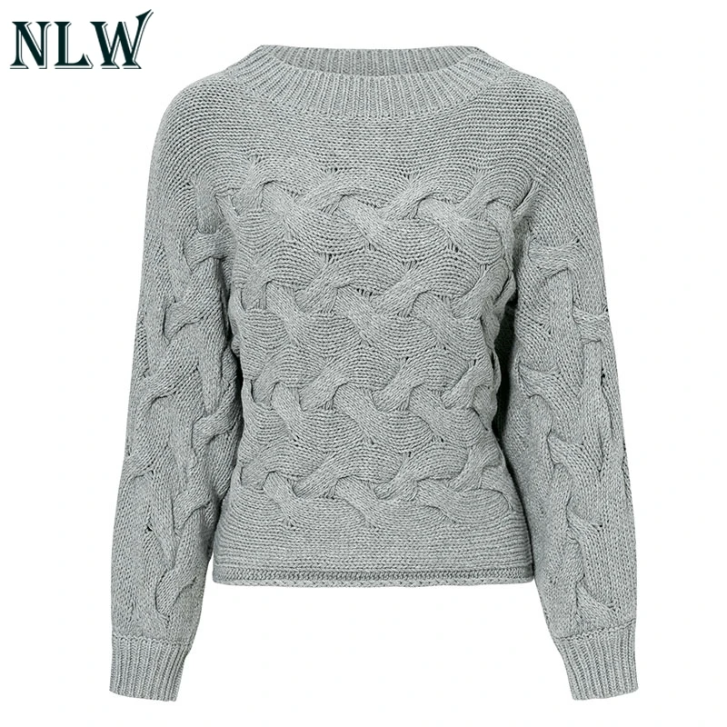 NLW O-Neck Sweater Women 2019 Autumn Winter Vintage Kintted Gray Solid Sweaters And Pullovers Casual Knitwear | Женская одежда