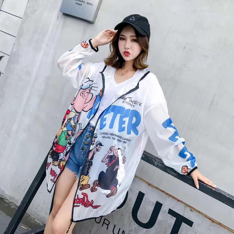 Лето мультфильм защита от солнца одежда для женщин High Street See Through Кардиган большие