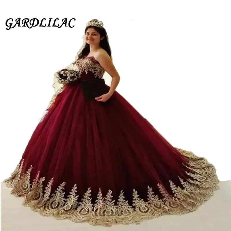 Бордовые платья Quinceanera длинное платье на выпускной Вечерние Тюль Золотые Аппликации бальное платье для выпускного вечера Sweet 16 платья vestidos de 15 anos