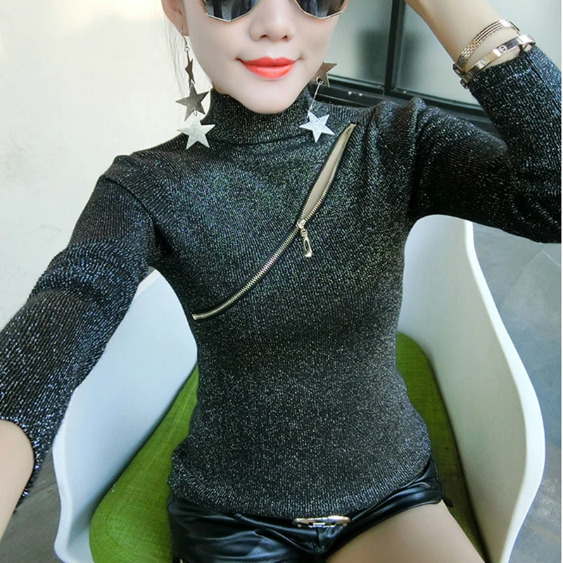Shintimes 2018 Autumn Zipper Turtleneck Pullover Women Glitter Knitted Sweater Slim Jumper Winter Basic Female Christmas | Женская