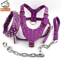 purple spiked studded heavy duty leather dog collar harness leash set for meduim large dogs