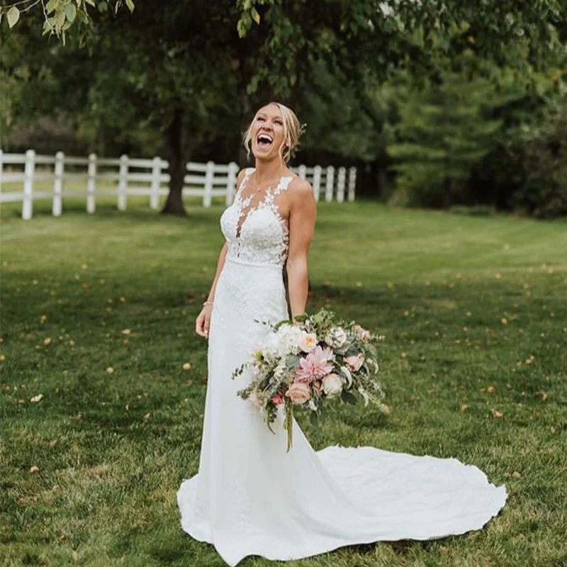 2019 White Ivory Wedding Dresses Sleeveless Appliques Elegant Vestido De Noiva Illusion Bodice Backless Mermaid Gowns | Свадьбы и
