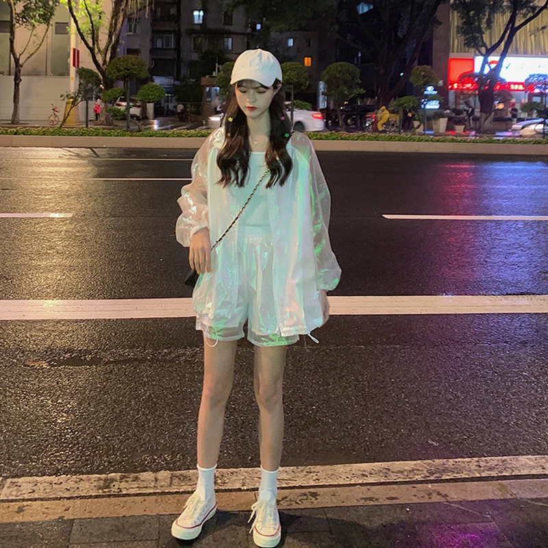 Korobov Harajuku уличная одежда, сетчатый топ+ шорты, комплект из 2 предметов, женская уличная одежда на молнии Ulzzang, женская одежда 78140