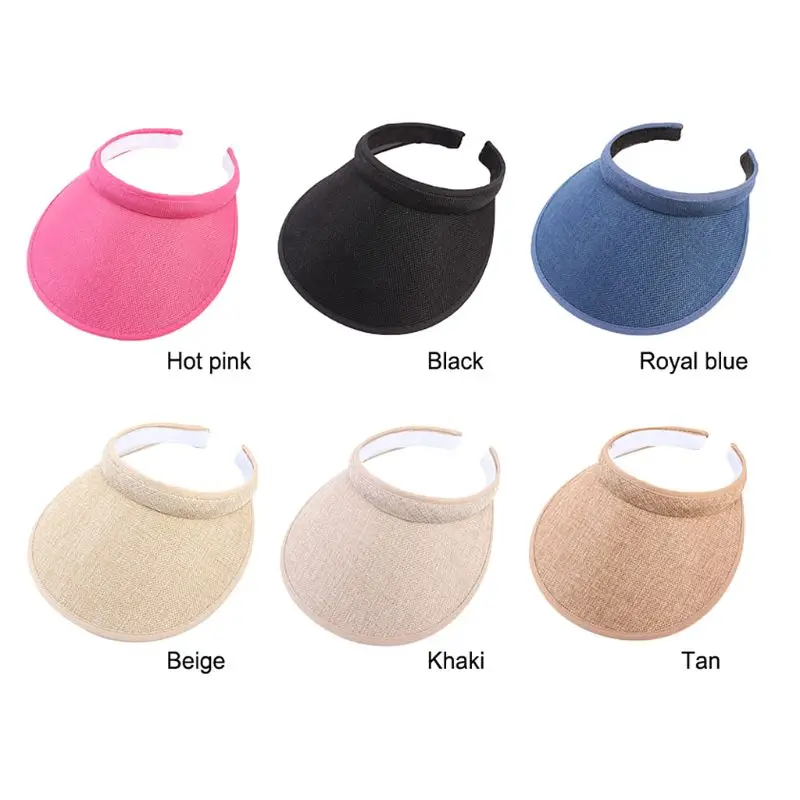 

Women Men Clip-On UV Protection Sun Visor Hat Faux Linen Plaid Weave Empty Open Top Solid Color Wide Brim Adjustable Beach Cap