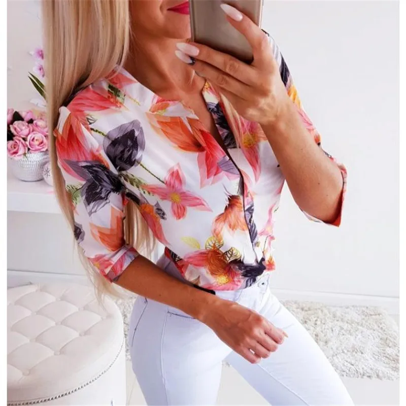 Женская элегантная повседневная блуза на пуговицах с цветочным принтом и