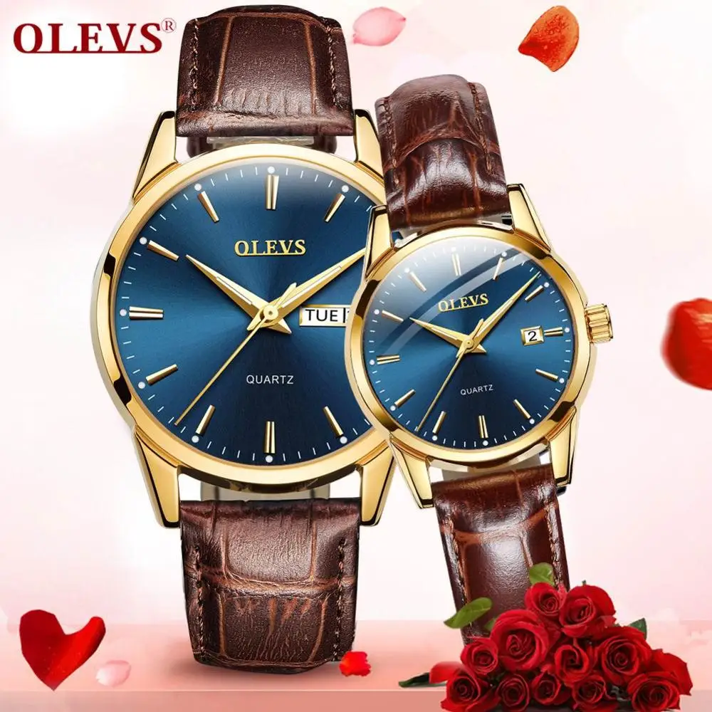 OLEVS, часы для влюбленных, парные часы, для женщин, мужчин, часы, водонепроницаемые, бизнес, кварцевые наручные часы, лучший бренд, Роскошные, модные часы, saat - Цвет: Couple Blue