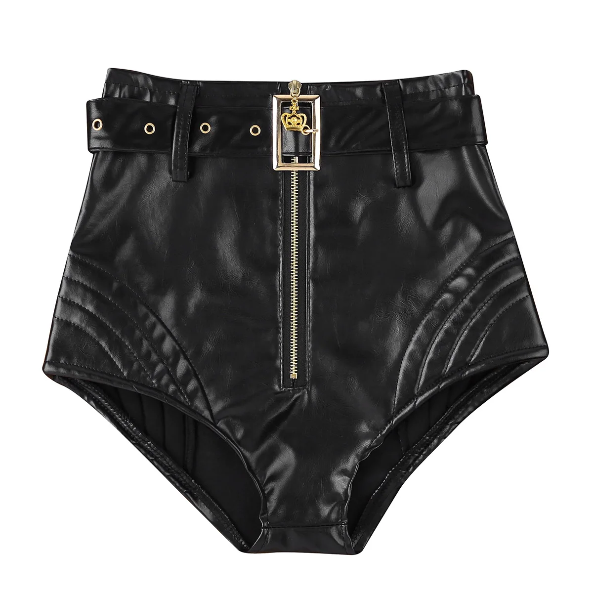

Sexy Ladies Shorts Womens Wet Look PU Leather Front Zipper High Waisted Booty Shorts Bottoms with Belt Night Club Show Shorts