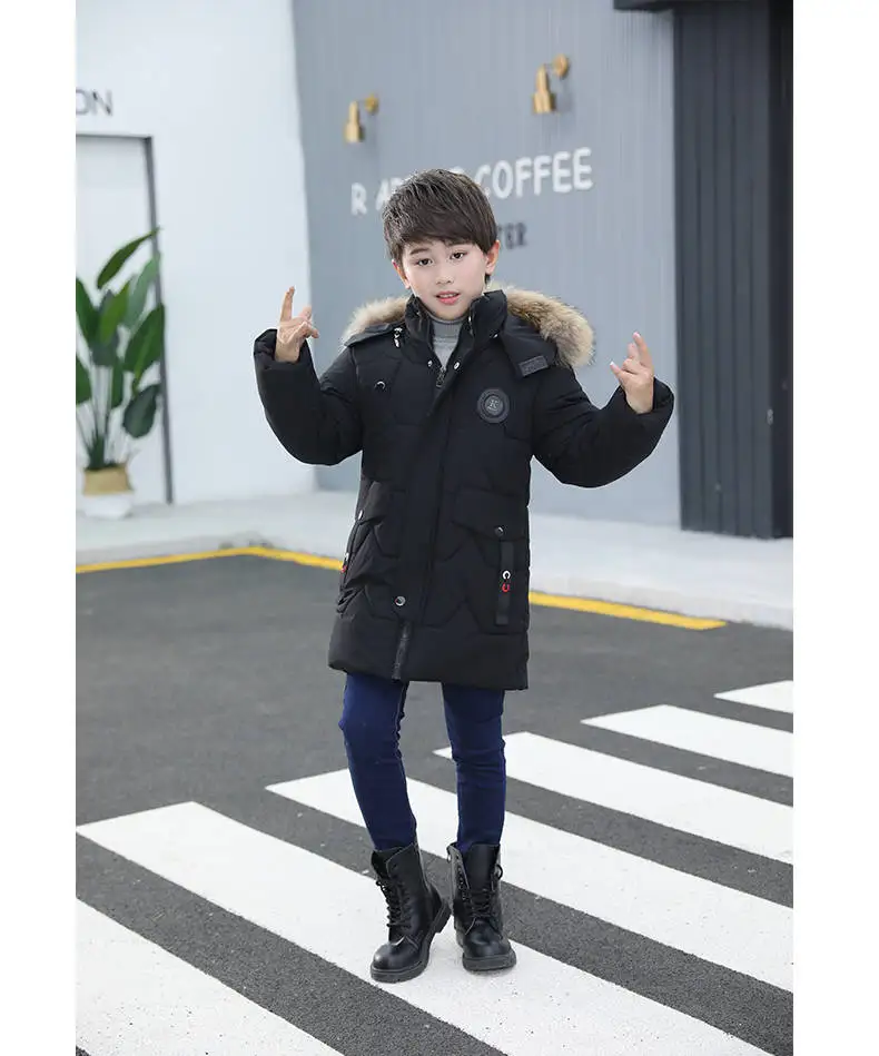 Boys Winter Jacket New Children's Winter Clothing Kids Down Cotton Outerwear Fur Collar Jacket Thickening Velvet Coats - Цвет: Черный