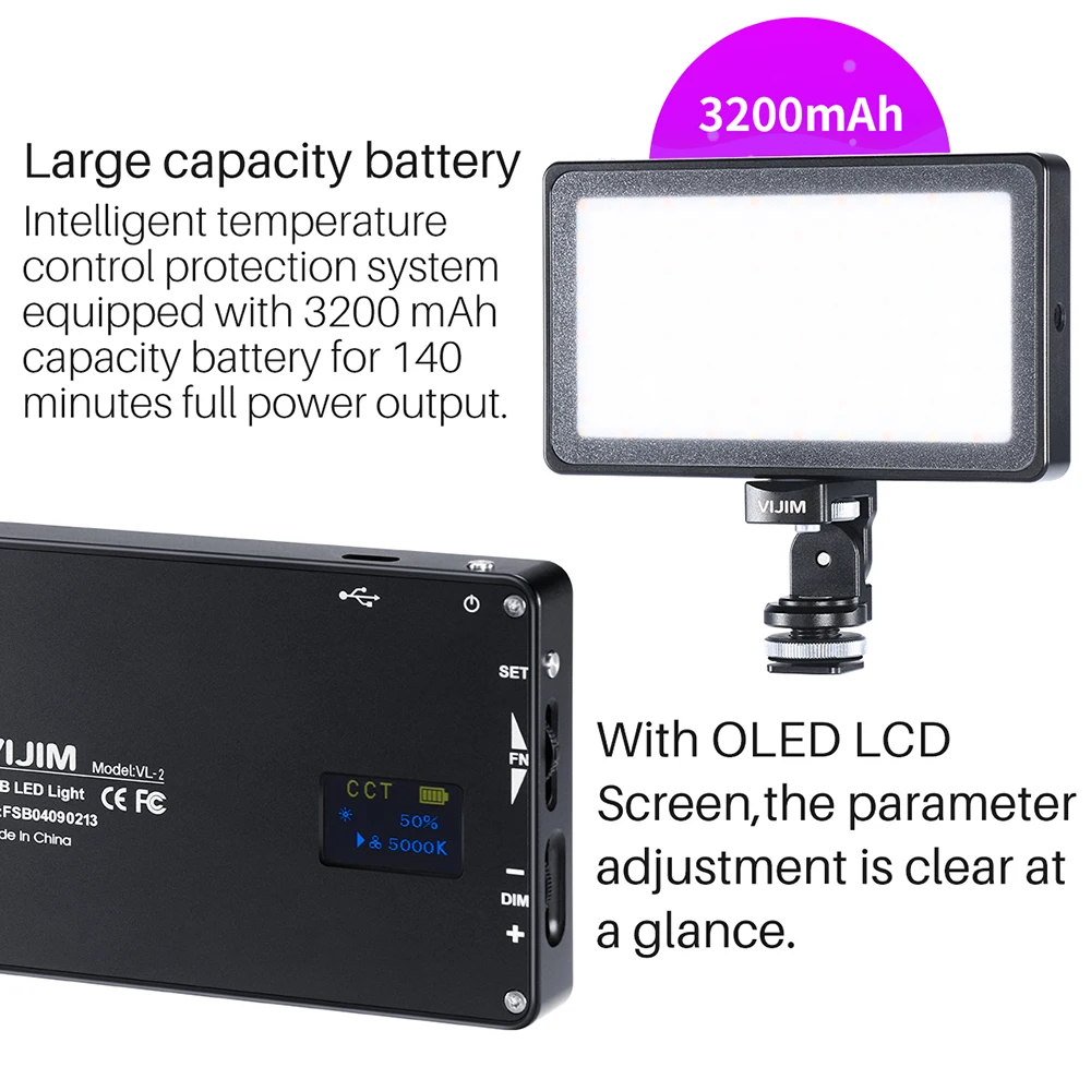 VIJIM VL-2 Vlogger карманная Светодиодная панель видео свет 3200 mAh батарея 2500 K-8500 K полноцветный CRI96 вспышка фотостудия освещение